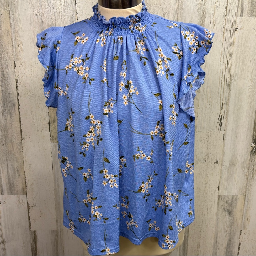 MELLODAY Blue Floral Ruffle Neck Sleeveless Blouse